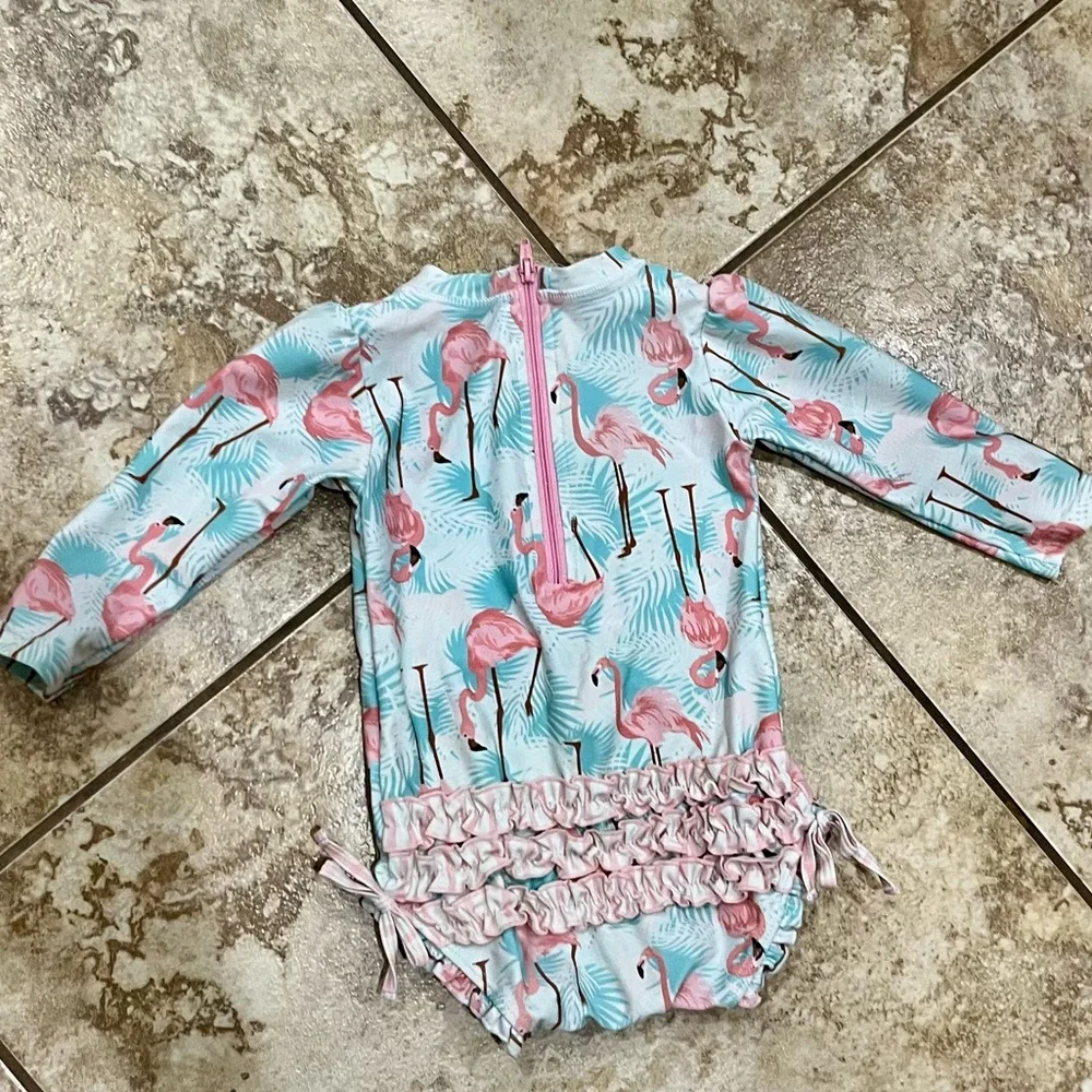 Ruffle Butts Pink Flamingo Print One-Piece Swimsuit - Aqua & Pink